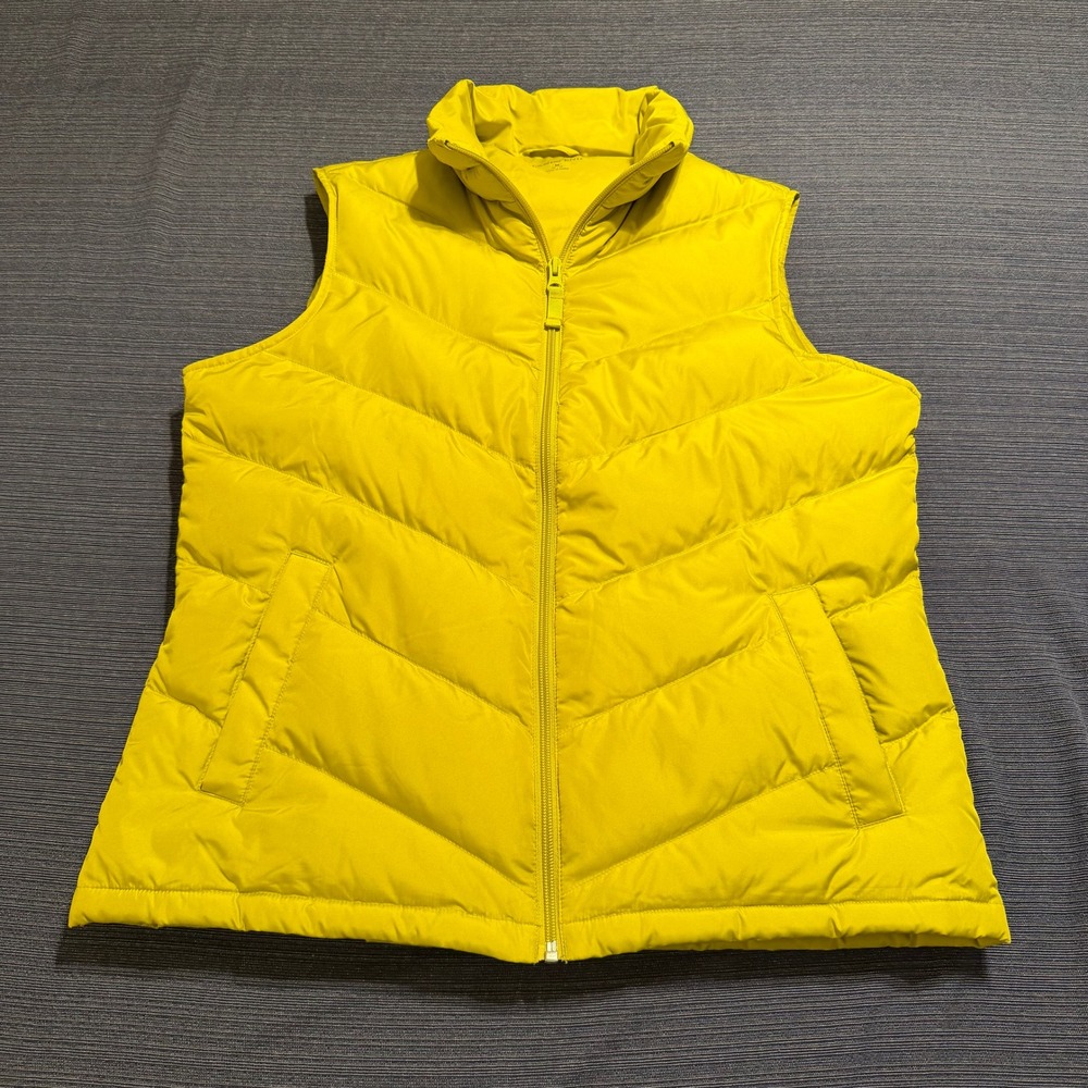 Lands End Womens Citron Yellow Down Puffer‎ Vest Chevron Quilted Medium 10-12